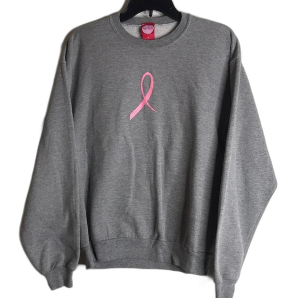 Pink stuff gray pullover with breast cancer awareness pink bow logo size medium